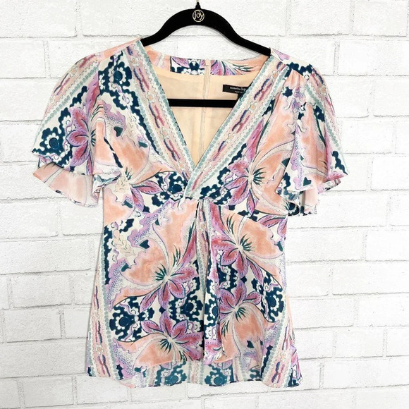 Nanette Lepore Floral Flutter Sleeve 100% Silk Blouse Women's Size 0 - Picture 2 of 9